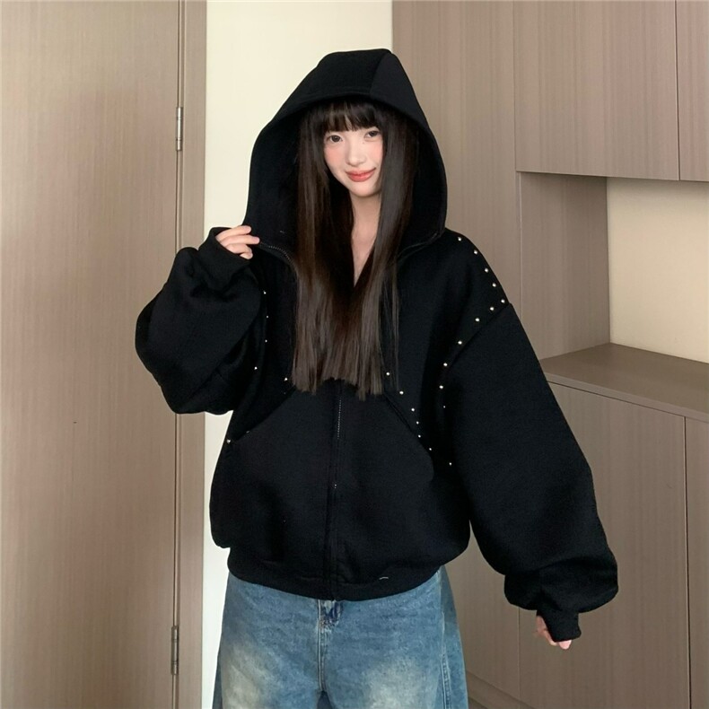 春秋美式复古高街铆钉杜宾犬设计感痞帅连帽卫衣男拉链外套潮牌图片