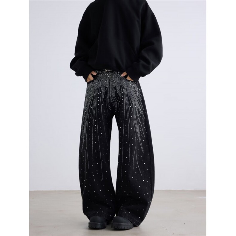 2025春秋新款复古烫钻满天星黑色牛仔裤宽松直筒阔腿裤RK3205-P65，男装牛仔裤，星座412-3