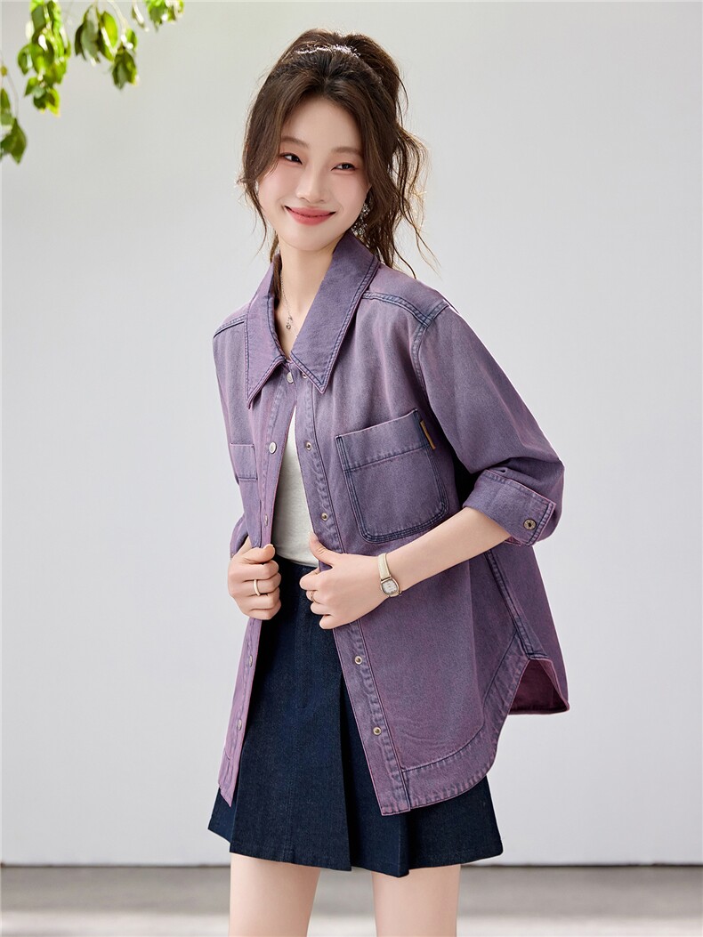 2026春季新款紫色渐变牛仔衬衫女设计感小众纯棉上衣休闲宽松外套,女装衬衫,艾米