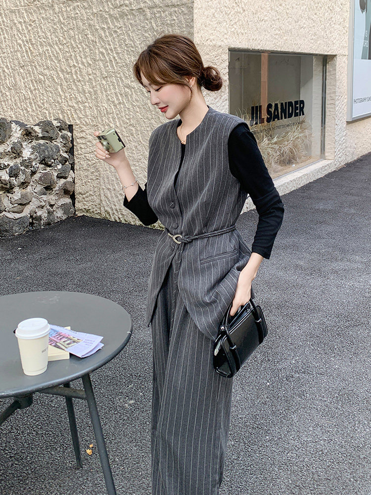 老钱风灰色条纹马甲T恤休闲裤套装女春秋季高级小众不撞款三件套,女装套装/套裙,浙宝192（原082）