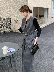 老钱风灰色条纹马甲T恤休闲裤套装女春秋季高级小众不撞款三件套图片