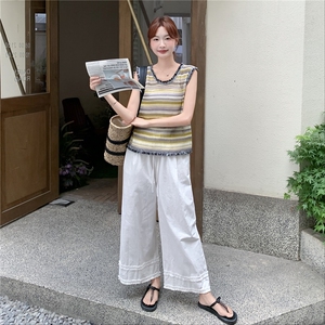 松紧腰木耳边拼接休闲阔腿裤女夏2025新款宽松显瘦棉麻直筒九分裤图片