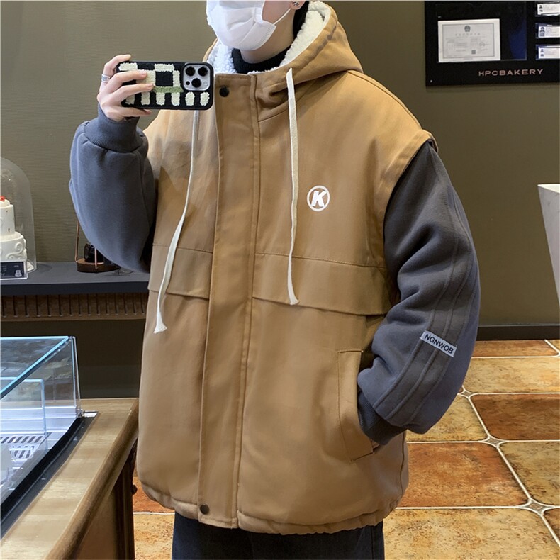 假两件连帽服外套冬季加绒加厚ins美式潮牌拼接袄,男装棉衣,星座302B-2