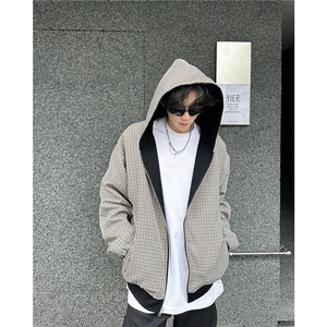 【有货】DY7061-P70美式双面穿格子连帽外套男春秋上衣拉链卫衣,粉色吊带睡裙怎么搭配上衣图片