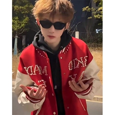 复古棒球服外套男春秋新款珍珠钉珠宽松百搭夹克女小个子JM403，男装夹克，星座1116A（原606A-3）