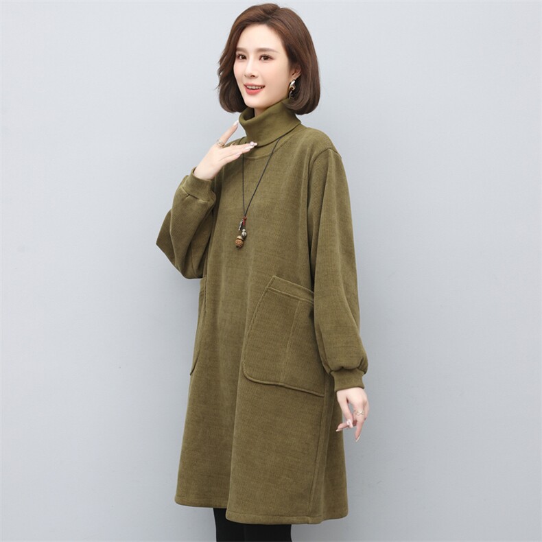 灯芯绒连衣裙秋冬女士2023新款韩版宽松中长款加绒加厚高领卫衣裙图片