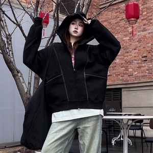 抖音得物高品质秋冬美式高街重磅结构辑明线纹理连帽卫衣外套W111图片