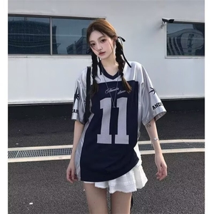 美式高街t恤男女夏季银色网纱拼接字母球衣缎面V领上衣潮STX400图片