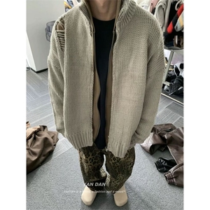 美式破洞毛衣开衫外套男潮牌慵懒风立领拉链针织衫 MK124图片