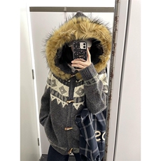 重磅北极绒座山雕大毛毛领毛衣外套冬美式复古休闲慵懒风针织开衫，男装针织衫/毛衣，电商A486
