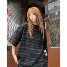 条纹短袖t恤男女夏季2024新款冰丝痞帅潮牌7七分袖潮流衣服，男装T恤，星座410-7