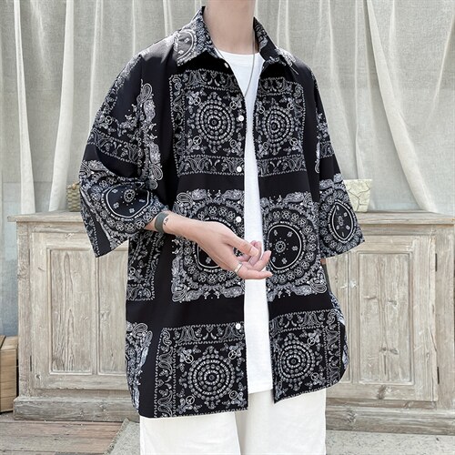 2023夏装男印花冰丝短袖衬衫青少年潮流宽松碎花衬衣A071-C16-P35，男装衬衫，电商A071