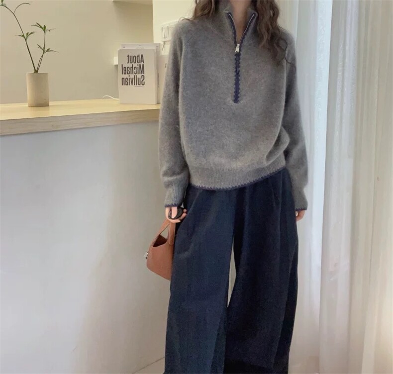 2026年秋季时尚百搭通勤简约休闲撞色半开拉链，女装羊毛衫，圣旺供货
