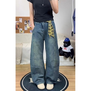 春季美式复古水洗做旧工艺牛仔裤男宽松弯刀拖地裤潮长裤 NB251图片