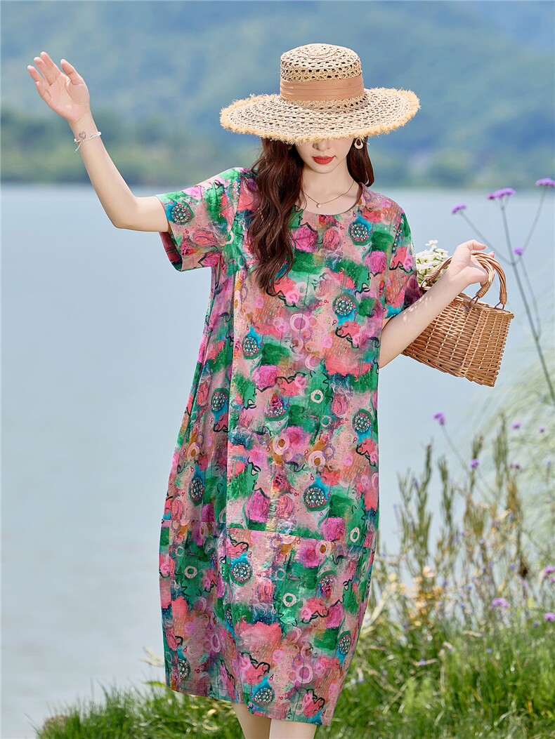 时尚印花圆领棉麻连衣裙女2026夏薄款舒适小个子休闲宽松显瘦裙子,女装连衣裙,倪叶myz