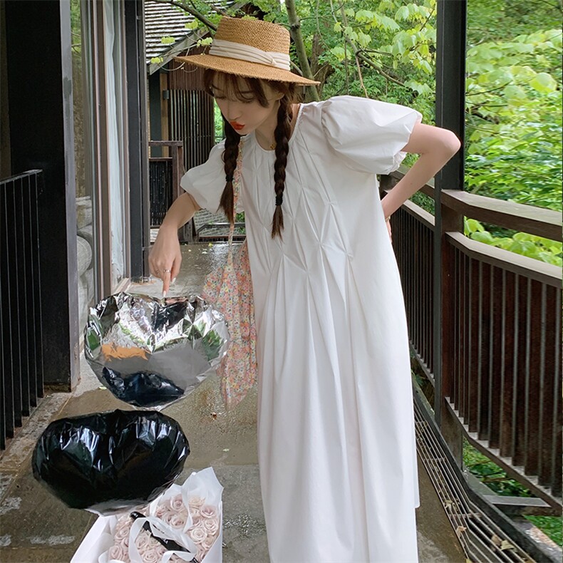 白色泡泡袖初恋连衣裙女2024年夏季新款法式简约宽松小个子茶歇裙,女装连衣裙,浙宝276（原081）