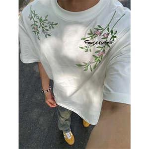 网图有货 美式花卉刺绣短袖T恤男女夏季潮牌宽松情侣t A415-P35图片