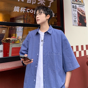 格子短袖衬衫男夏季新款港风宽松纯棉衬衣DX101-P35图片