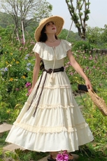 法式浪漫优雅连衣裙女2025夏季新款赫本风高腰一字肩荷叶边裙子潮，女装连衣裙，浙宝305