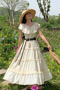 法式浪漫优雅连衣裙女2025夏季新款赫本风高腰一字肩荷叶边裙子潮图片