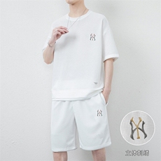 网图7538-P55短袖t恤男士夏季宽松男装短裤一套华夫格运动套装，男装牛仔裤，电商D310B-1