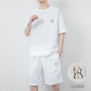 网图7538-P55短袖t恤男士夏季宽松男装短裤一套华夫格运动套装图片