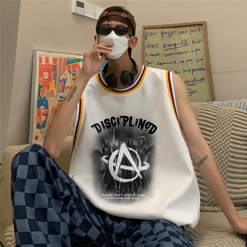 港风纯棉夏季休闲拼色螺纹印花网眼篮球背心男女T6930P35控48,男装背心/马甲,电商A268A