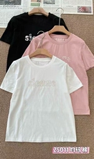 2025早春新款刺绣字母圆领宽松简约短袖t恤休闲舒适上衣，女装T恤，旭友羊绒