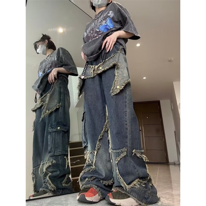 欧美潮牌男女秋冬季复古设计感贴布做旧直筒长裤S7725P47,男装休闲裤,星座1112-1