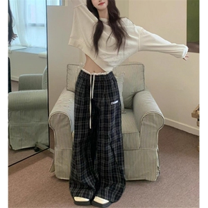 美式格子阔腿裤男女宽松休闲直筒垂百搭感拖地长裤子 K662图片