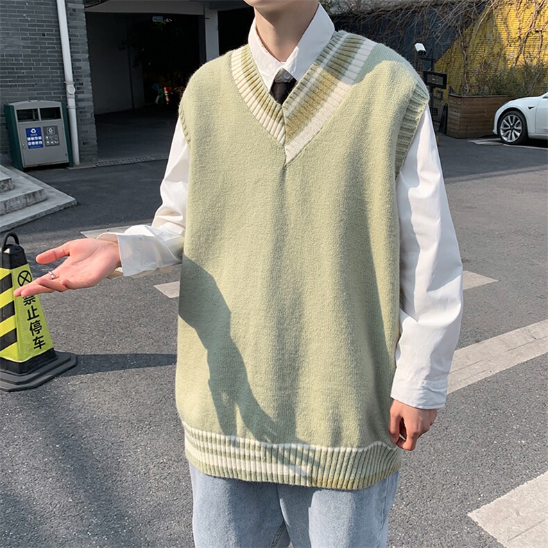 学院风V领毛衣男宽松休闲针织背心韩版潮流ins秋装马甲 W1557-P30图片