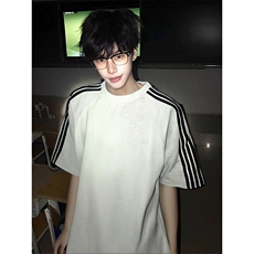 抖音得物品质二开240克宽松纯棉美式潮牌印花三条杠中性风短袖T恤，男装T恤，电商A486