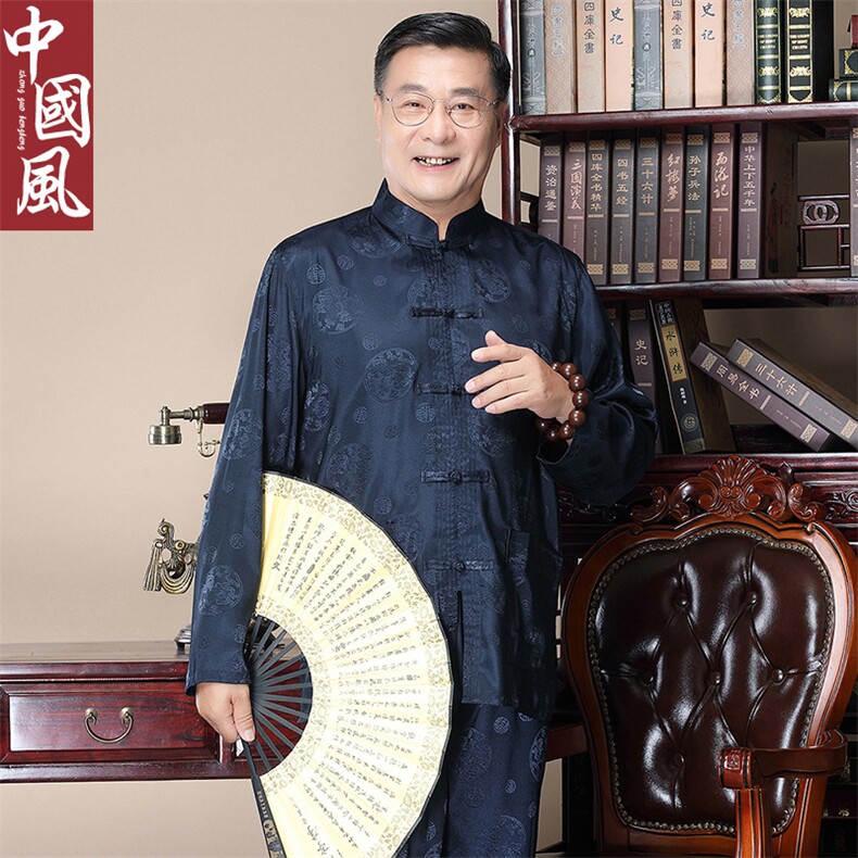 主推风中老年唐装男春秋长袖套装太极服丝绸爷爷装,男装中老年男装,钱塘723