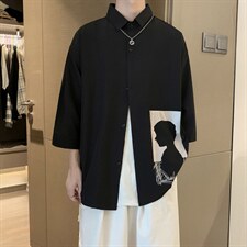 冰丝短袖衬衫男夏季港风宽松七分袖衬衣ins痞帅印花休闲CS40-p30，男装衬衫，星座1008