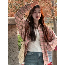 TC593-P45美式潮牌格子衬衫夏季毛边设计感防晒衬衣情侣上衣，女装衬衫，星座617A-2