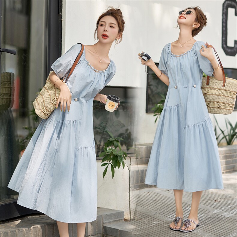 韩国设计感串珠收腰中长款气质显瘦法式泡泡袖连衣裙女依歌贝诺夏，女装连衣裙，意芙