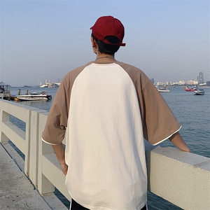 ins火撞色拼接短袖t恤男夏季潮流港风chic五分袖上衣 DS343TP25图片