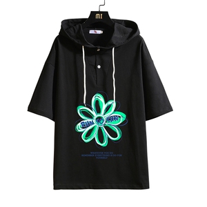 LD54170-P45 连帽短袖t恤男大码胖子带帽五分袖中袖 砖墙挂拍图片