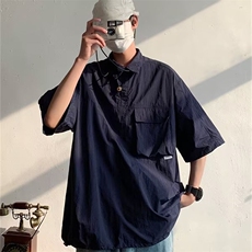 日系复古咖啡色工装短袖衬衫男学院风百搭翻领衬衣外套S8060-p40，男装衬衫，星座1008