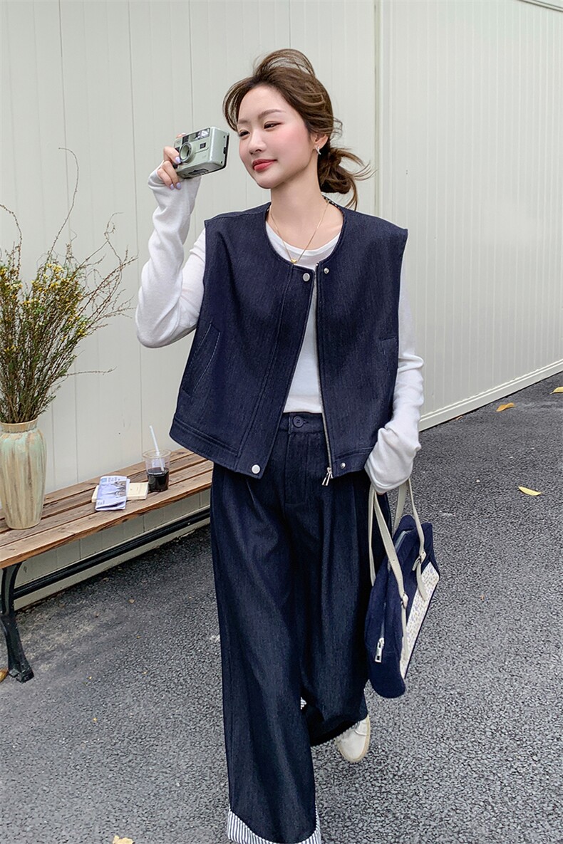时尚复古设计感牛仔马甲套装女2025春夏新款韩版休闲阔腿裤两件套,女装套装/套裙,秋水欣儿