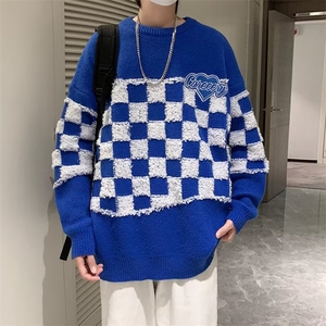 秋冬季新款棋盘格休闲毛衣男拼接男女圆领针织衫外套MY803-P45图片