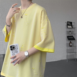 T10137-特批33  控68 开口笑高品质夏季大码短袖破洞潮流百搭T恤图片