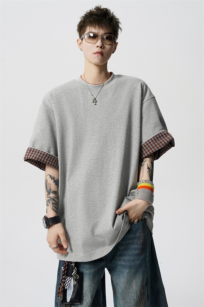 8XL-M格子翻边设计短袖tee男同款文艺休闲T恤上衣半截袖男DX342,男装T恤,电商D206-1