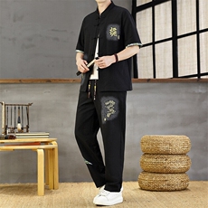 风印花男装夏短袖男复古开衫套装新款民族风一套，男装T恤，星座1206（原A206）
