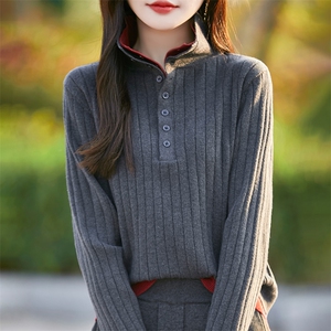 女士秋冬坑条半开双领套头长袖羊毛衫图片
