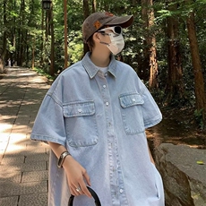 情侣日系复古浅蓝色牛仔短袖衬衫宽松oversize叠穿外套-CS330-p52，男装衬衫，星座601-2