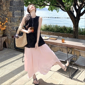 黑色夏日绝美不规则半身裙一整套2025新款提花背心小香风裙子套装图片