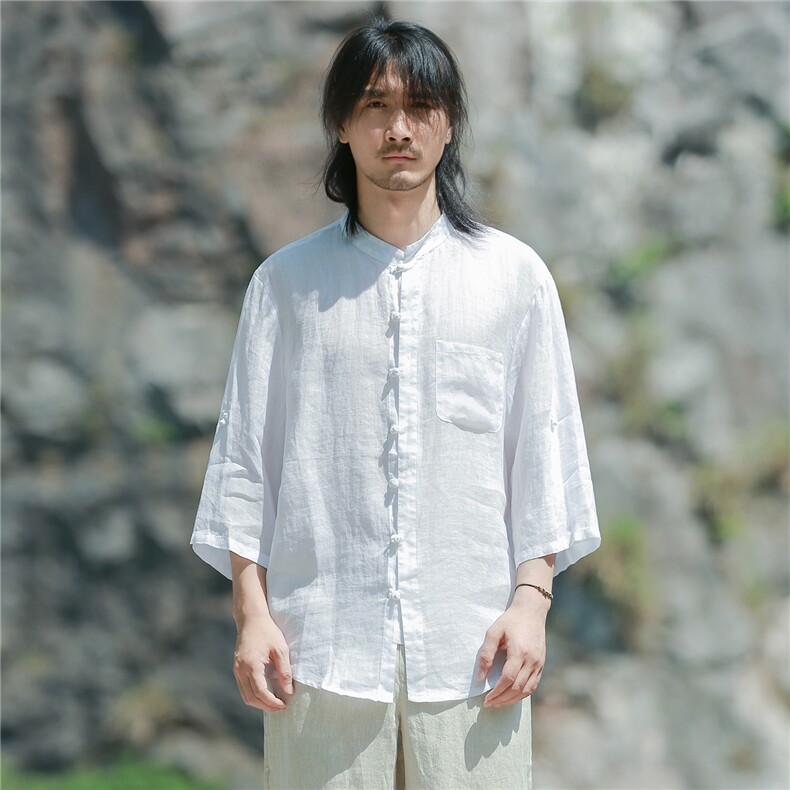 纯苎麻可翻卷七分袖风盘扣薄如蝉翼防蚊防晒衬衫CS01P90，男装防晒衣，星座704A（原B229A）