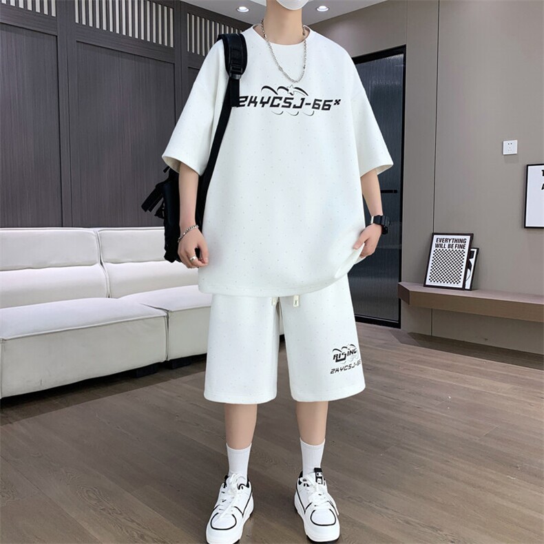 港风套装男宽松菠萝格满天星圆领短袖T恤短裤痞帅套装TZ6628-P50，男装牛仔裤，星座310B-3