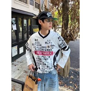 美式做旧破裂字母长袖T恤女夏季设计感宽松休闲情侣上衣潮图片